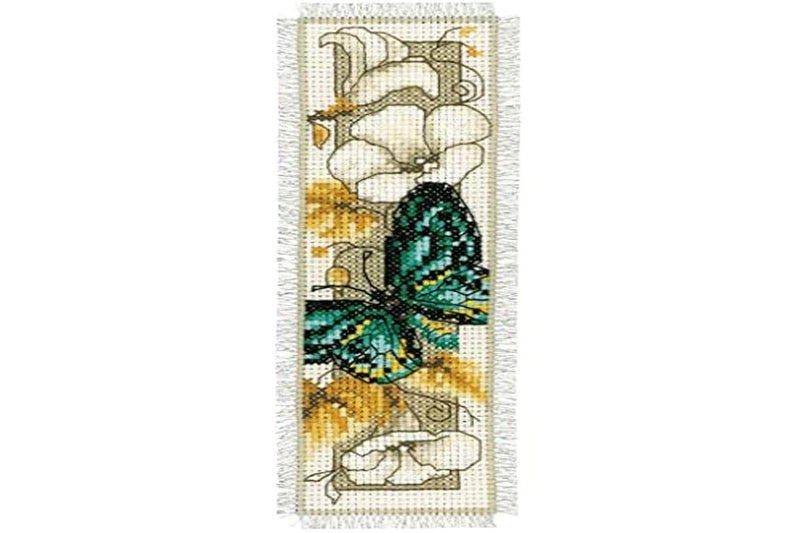 Vervaco Green Butterfly on Flowers Bookmark Cross Stitch Kit - Image 1